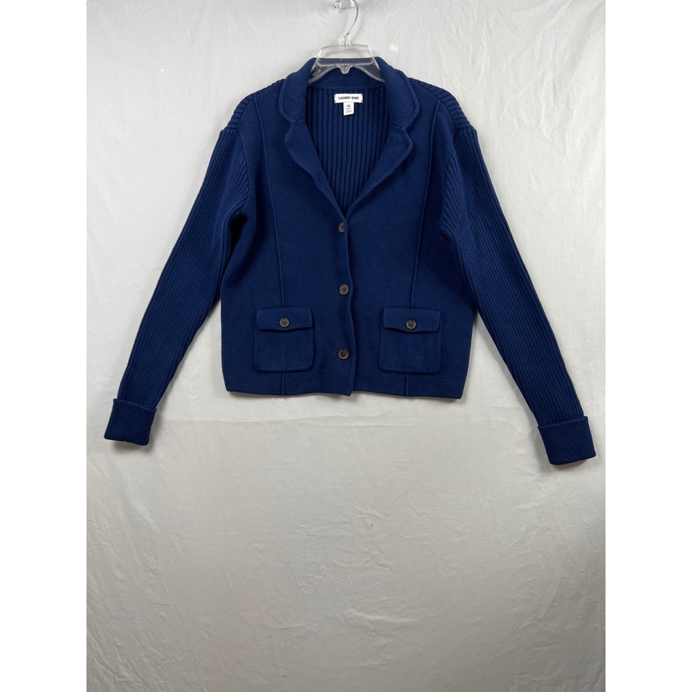 Lands' End Cardigan Sweater Women Medium Blue Cotton Ribbed Button Front Pockets